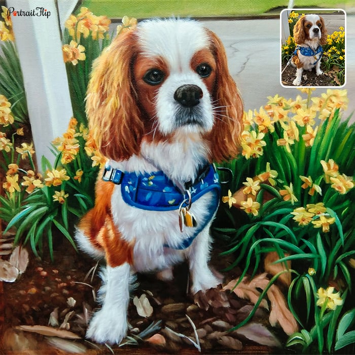 Acrylic painting of a dog surrounded by bunch of yellow flowers